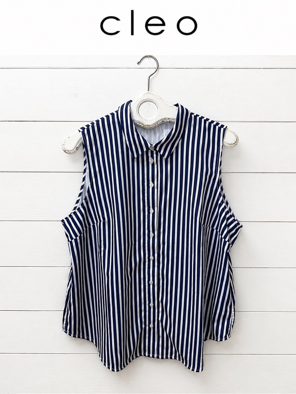 Cleo Sleeveless Striped Blouse – Navy & White – Size XXL